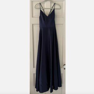 Navy Blue Satin A-Line Bridesmaid/Prom Floor Length Gown, Sleeveless & Pockets